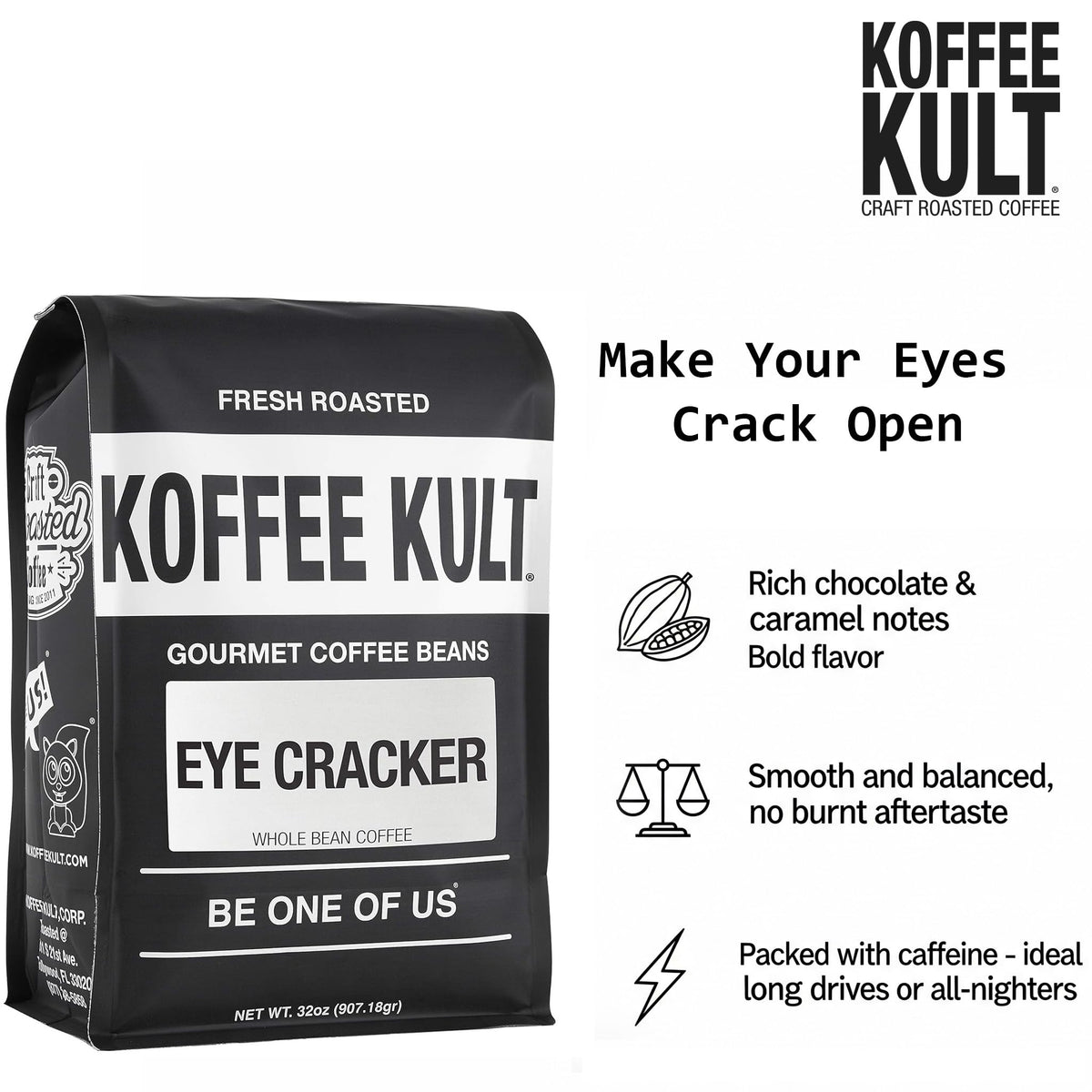 Koffee Kult Eye Cracker Espresso Beans – 100% Arabica, Medium Roast, Citrus Crema (32oz)