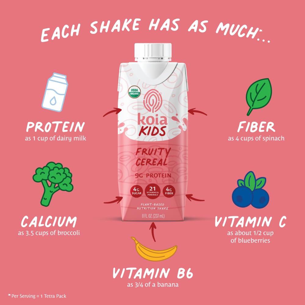Koia Kids Plant Based Protein Shake – Fruity Cereal, Ready-to-Drink, 9g Protein, 8 fl oz, Pack of 12