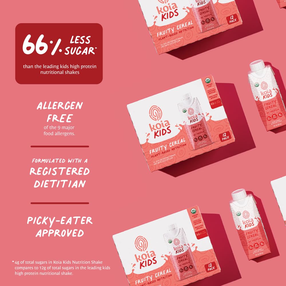 Koia Kids Plant Based Protein Shake – Fruity Cereal, Ready-to-Drink, 9g Protein, 8 fl oz, Pack of 12