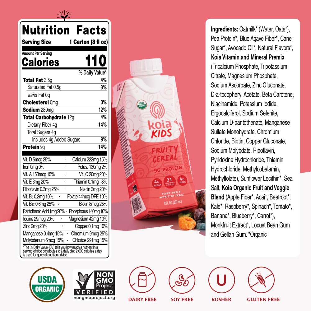 Koia Kids Plant Based Protein Shake – Fruity Cereal, Ready-to-Drink, 9g Protein, 8 fl oz, Pack of 12