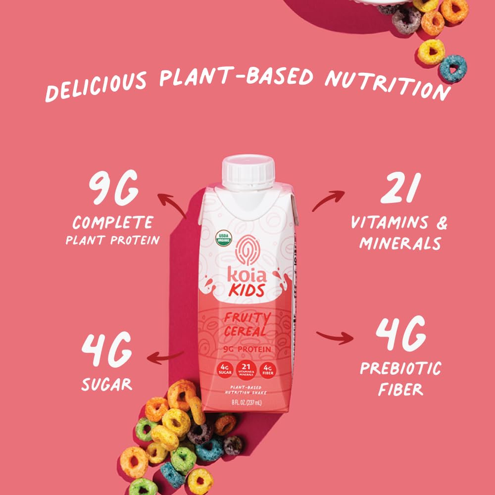 Koia Kids Plant Based Protein Shake – Fruity Cereal, Ready-to-Drink, 9g Protein, 8 fl oz, Pack of 12