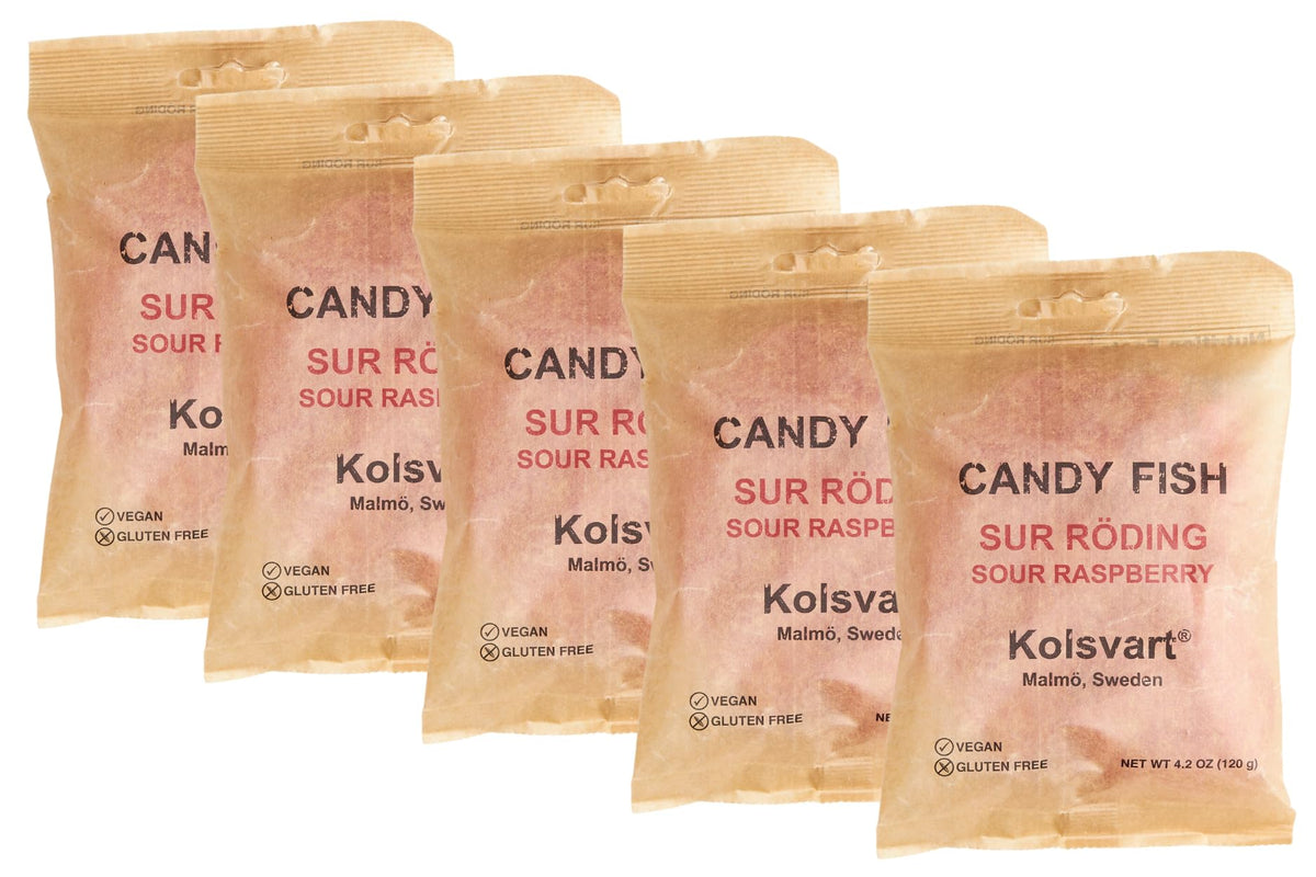 Kolsvart Sour Raspberry Swedish Candy – Vegan, Gluten-Free Gummies | Natural Raspberry Flavor | Pack of 5 (4.2 oz each)