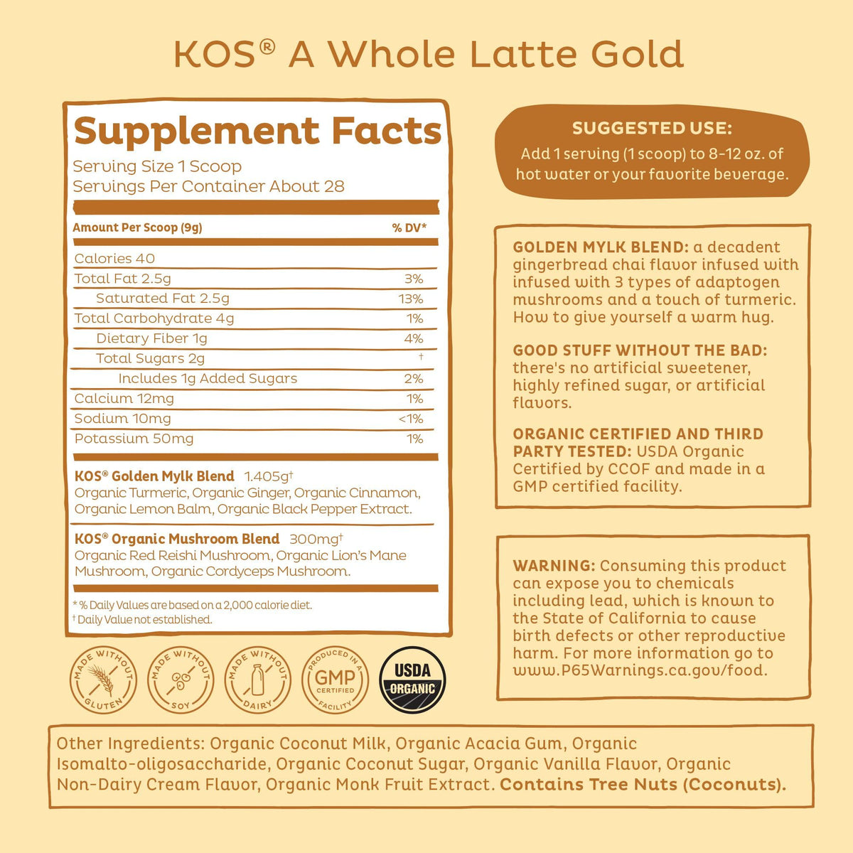 KOS Golden Mylk with Turmeric & Ginger – Organic Superfood Latte Powder, Caffeine Free, Vegan, 28 Servings