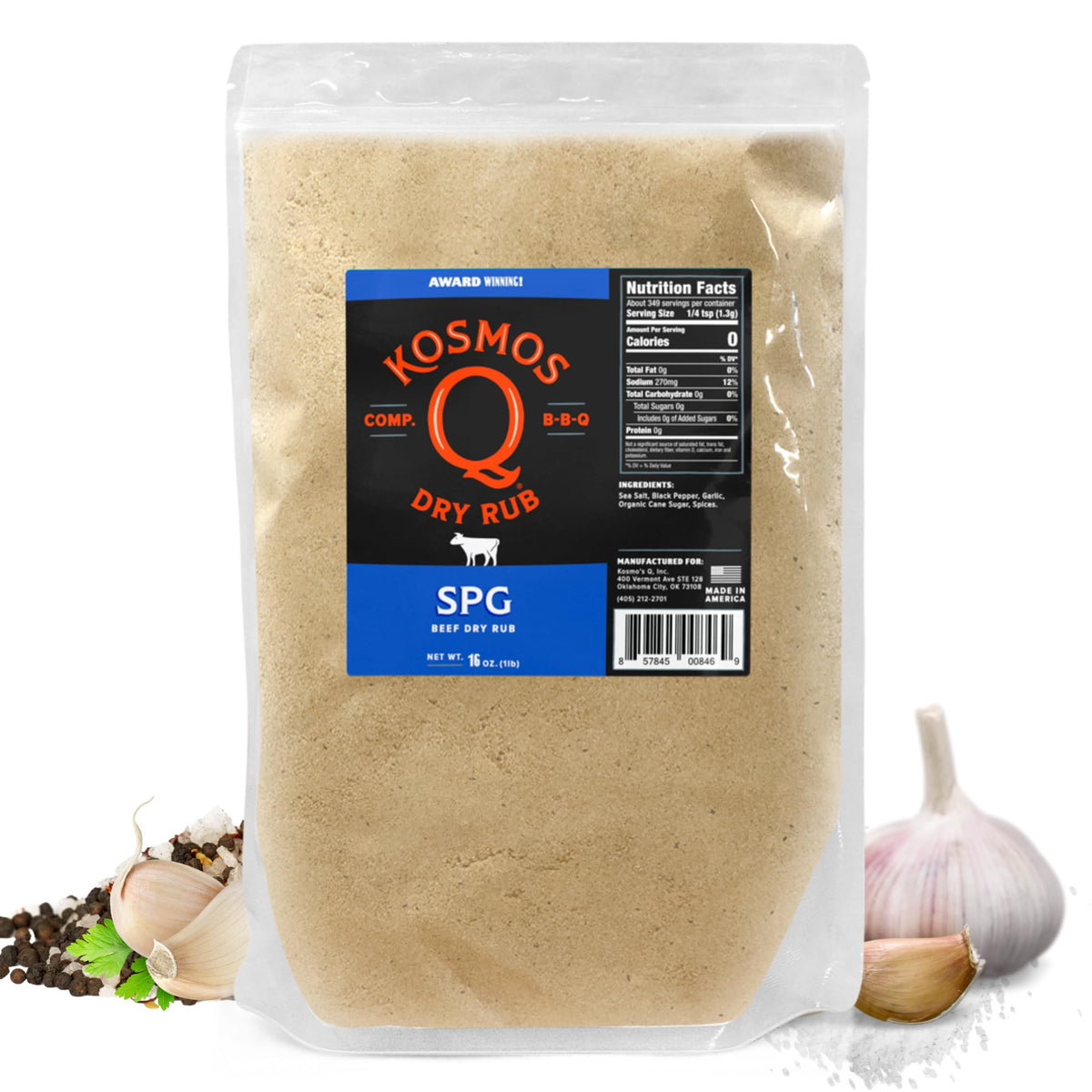 Kosmos Q SPG Seasoning: Savory Salt Pepper Garlic Rub for Brisket, Steak, Chicken, Pork & More - 16 oz