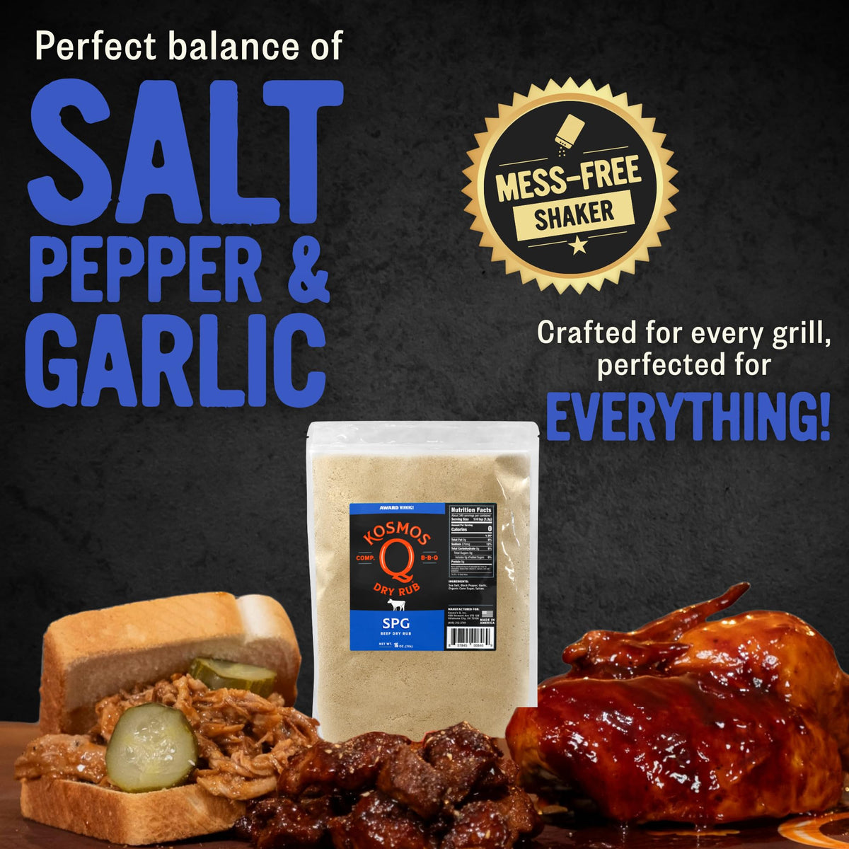Kosmos Q SPG Seasoning: Savory Salt Pepper Garlic Rub for Brisket, Steak, Chicken, Pork & More - 16 oz