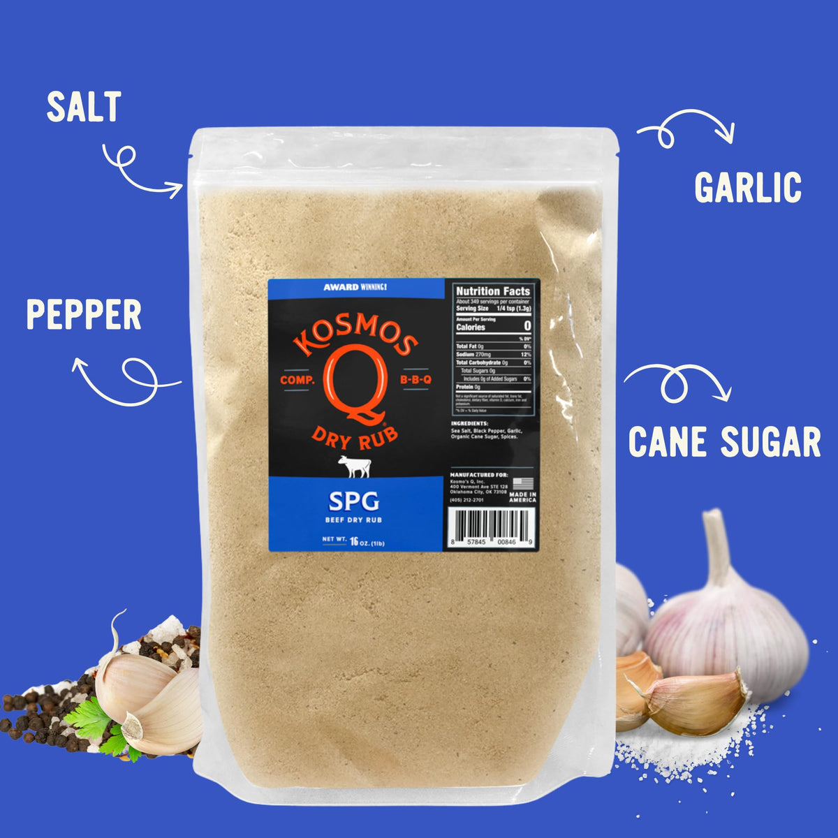 Kosmos Q SPG Seasoning: Savory Salt Pepper Garlic Rub for Brisket, Steak, Chicken, Pork & More - 16 oz