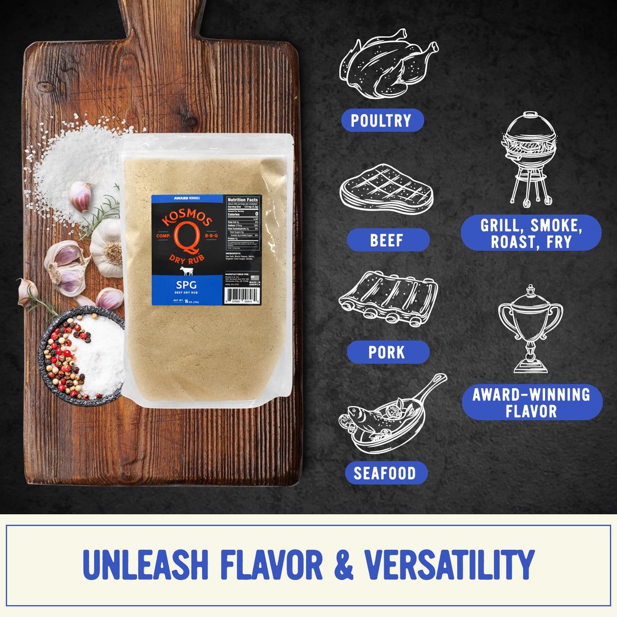 Kosmos Q SPG Seasoning: Savory Salt Pepper Garlic Rub for Brisket, Steak, Chicken, Pork & More - 16 oz