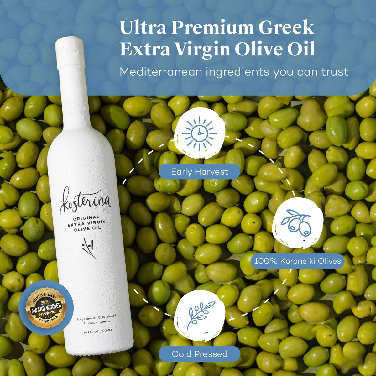 Kosterina Original EVOO — Cold-Pressed Koroneiki, Polyphenol-Rich Greek Olive Oil, 16.9 oz