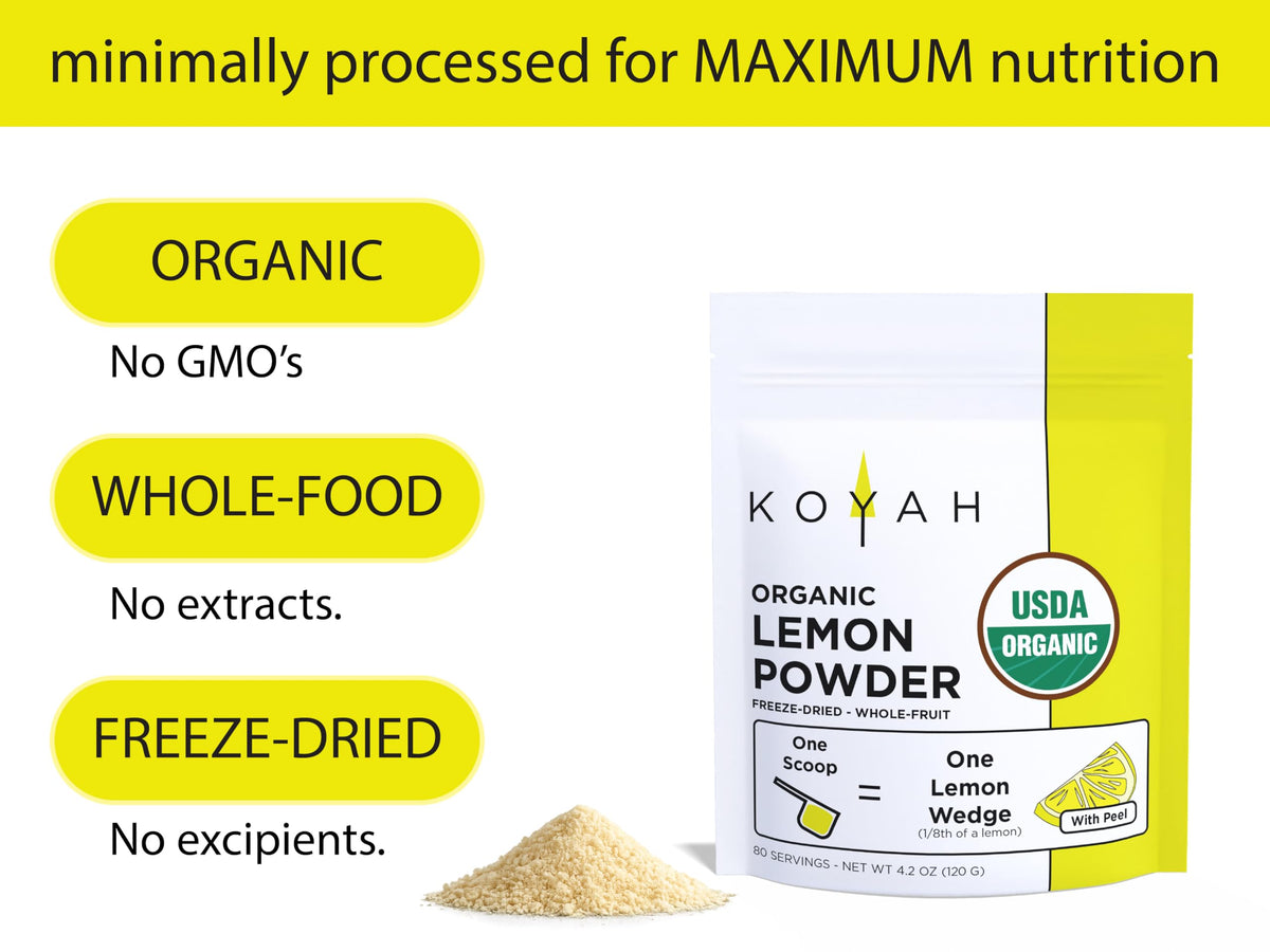 KOYAH Organic Lemon Powder with Peel – 80 Servings, Freeze-Dried, USA & Mexico Lemons