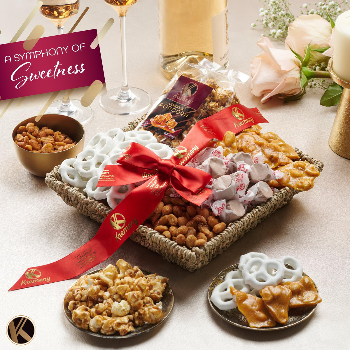 Kremery Creamy Chocolate Cravings Gift Basket – Seagrass Tray 1.5 lb | Nut Cravings