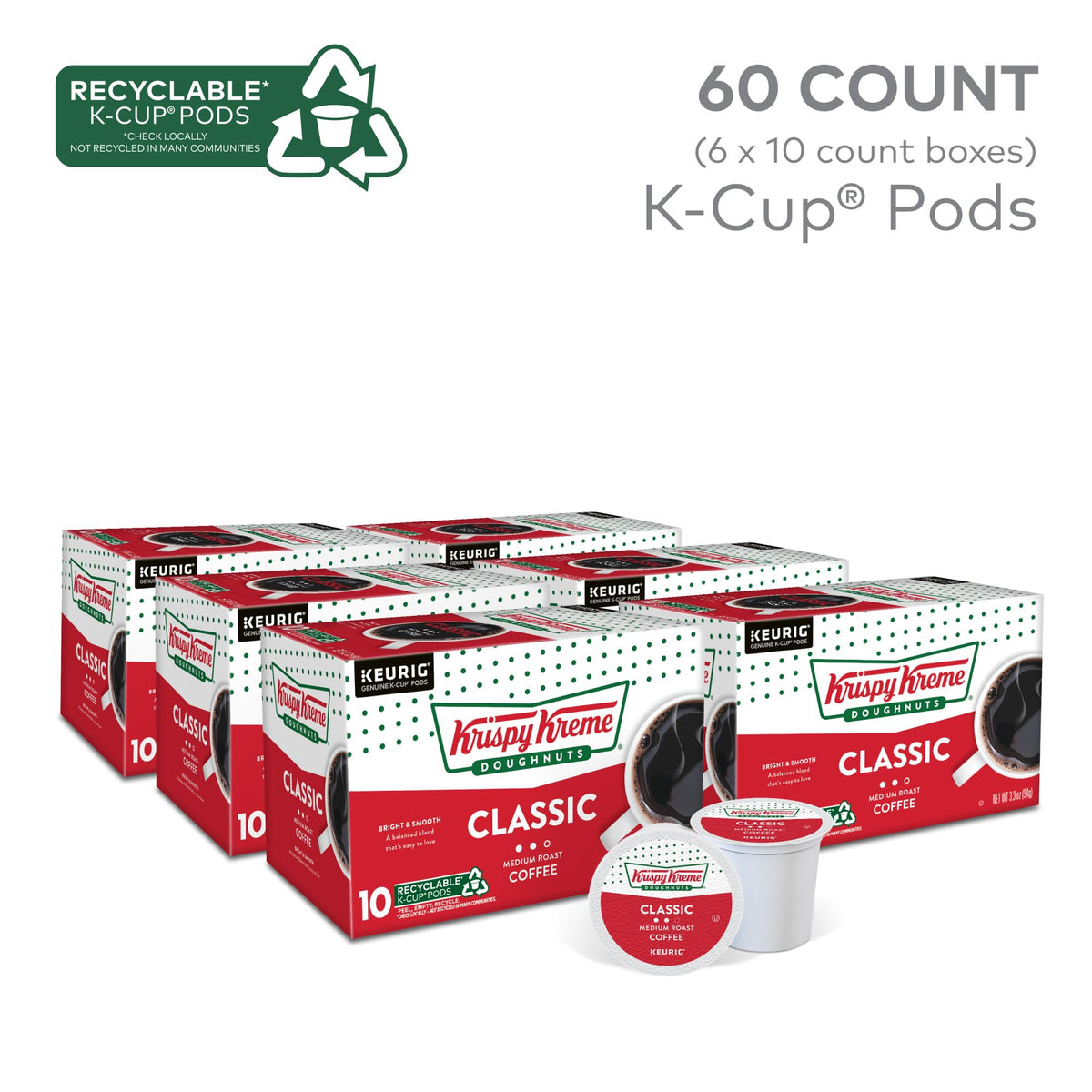 Krispy Kreme Classic Keurig Pods – Medium Roast Coffee, 60 Count (6 Packs)