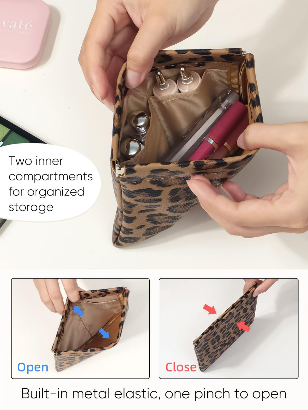 Ksriylm Leopard Leather Small Makeup Pouch for Women,Cosmetic Accessories Organizer,Waterproof and Portable Cosmetic Bag,Self-closing, No Zipper, Aesthetic Storage Pouch,Lipstick for Purse,Brown