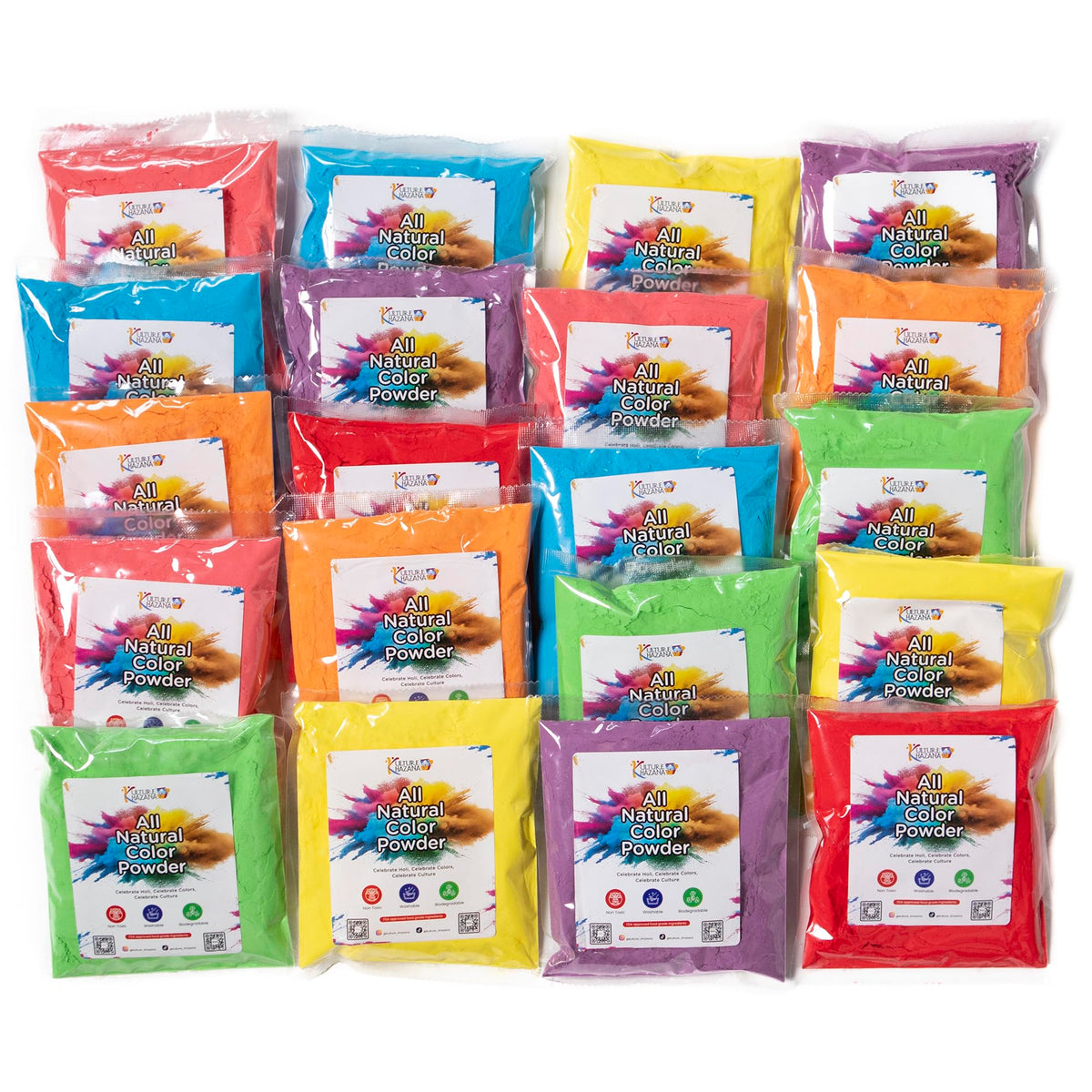 Kulture Khazana Holi Color Powder Toy Kit – 100g x 20, All-Natural, Washable, Biodegradable