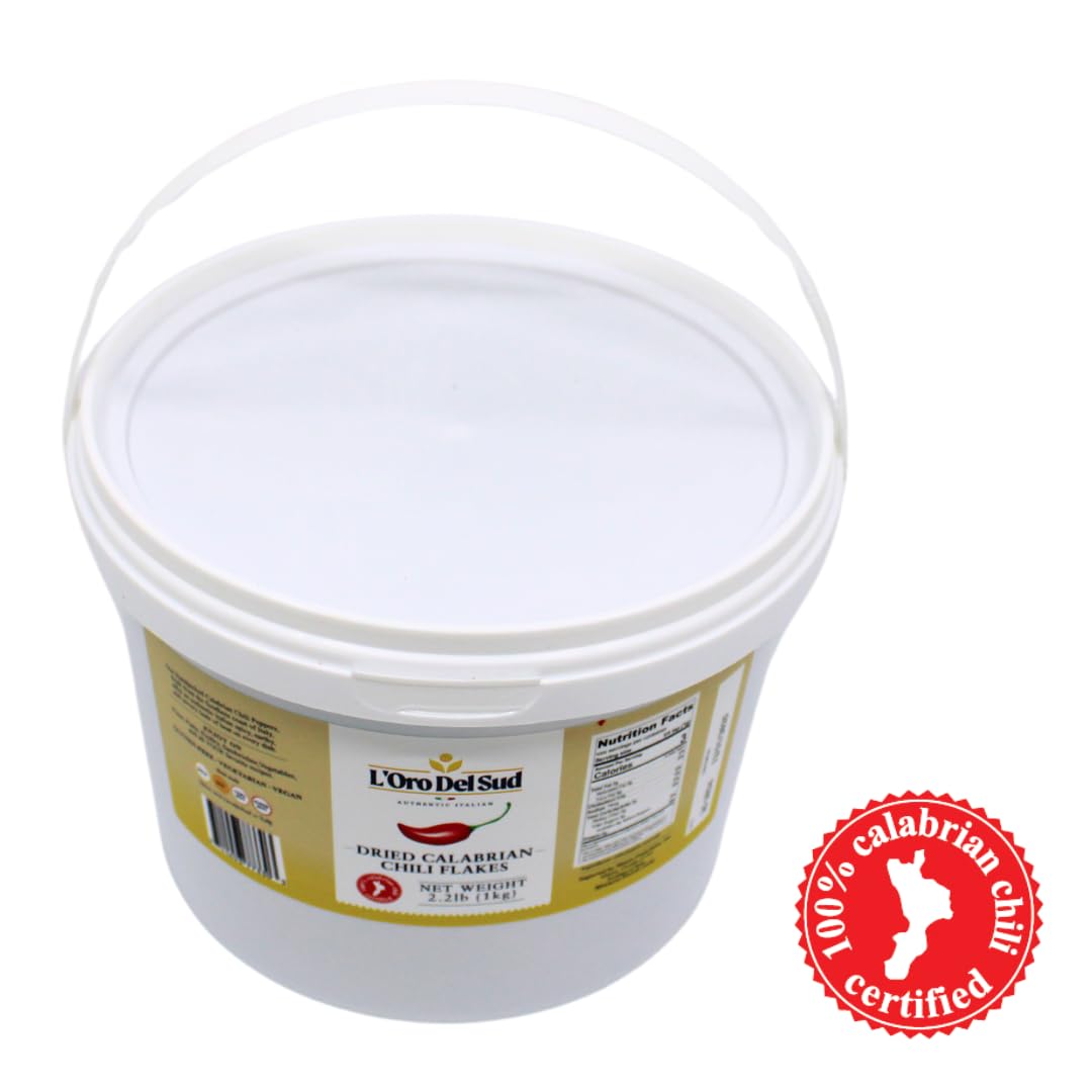 L'Oro Del Sud 100% Certified Dry Calabrian Chili Pepper Flakes – 1 KG Tub, Product of Italy