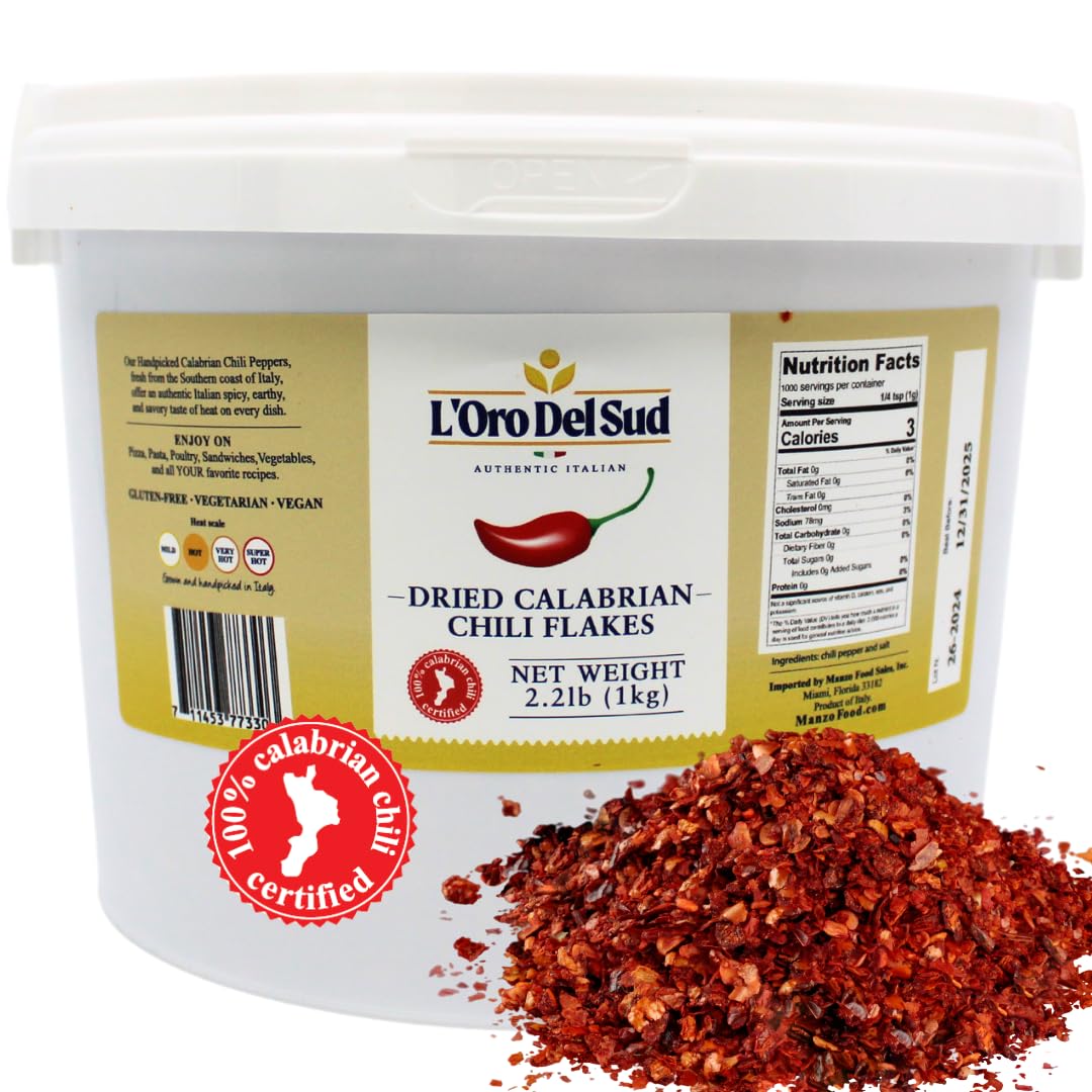 L'Oro Del Sud 100% Certified Dry Calabrian Chili Pepper Flakes – 1 KG Tub, Product of Italy