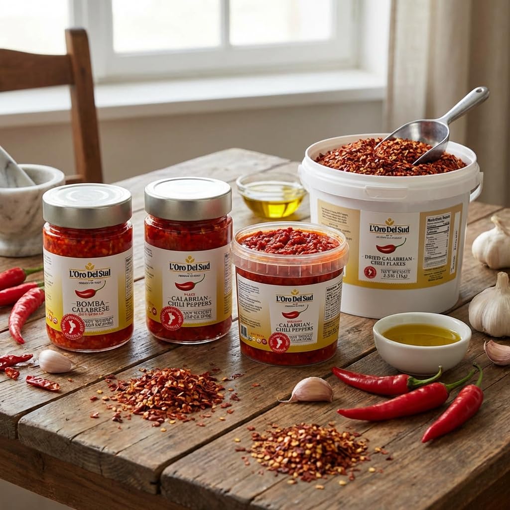 L'Oro Del Sud 100% Certified Dry Calabrian Chili Pepper Flakes – 1 KG Tub, Product of Italy