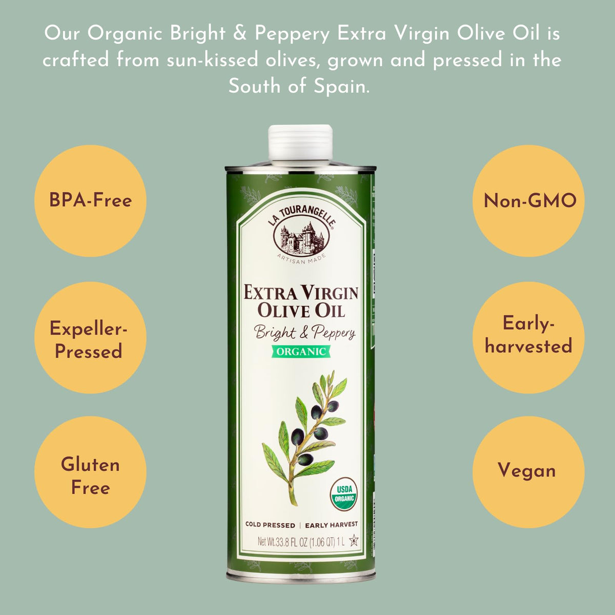 La Tourangelle Organic Extra Virgin Olive Oil – Cold-Pressed Early Harvest, Spain, 1L