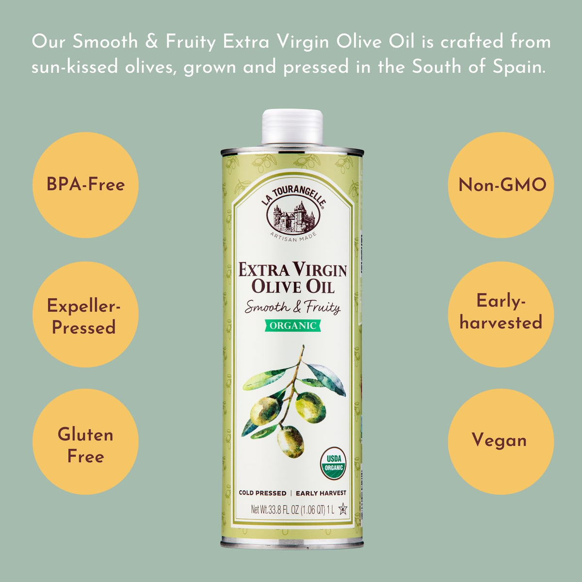 La Tourangelle Organic EVOO – Cold-Pressed Early Harvest Olive Oil from Spain, Smooth & Fruity, 1 L