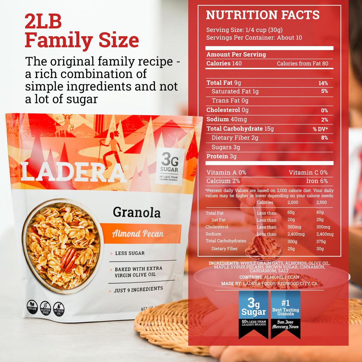 LADERA Almond Pecan Granola – Low Sugar, Gluten Free & Vegan, 2 lb