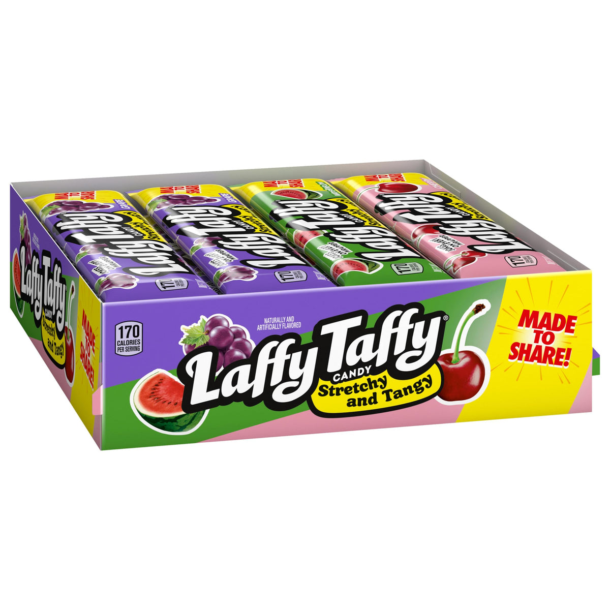 Laffy Taffy Stretchy & Tangy Variety Candy Box – Grape, Watermelon & Cherry (24 Bars)
