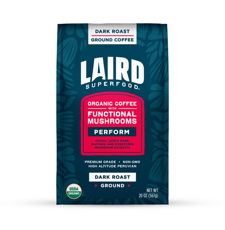Laird Superfood Peruvian Dark Roast Coffee with Functional Mushrooms – Organic Ground Coffee