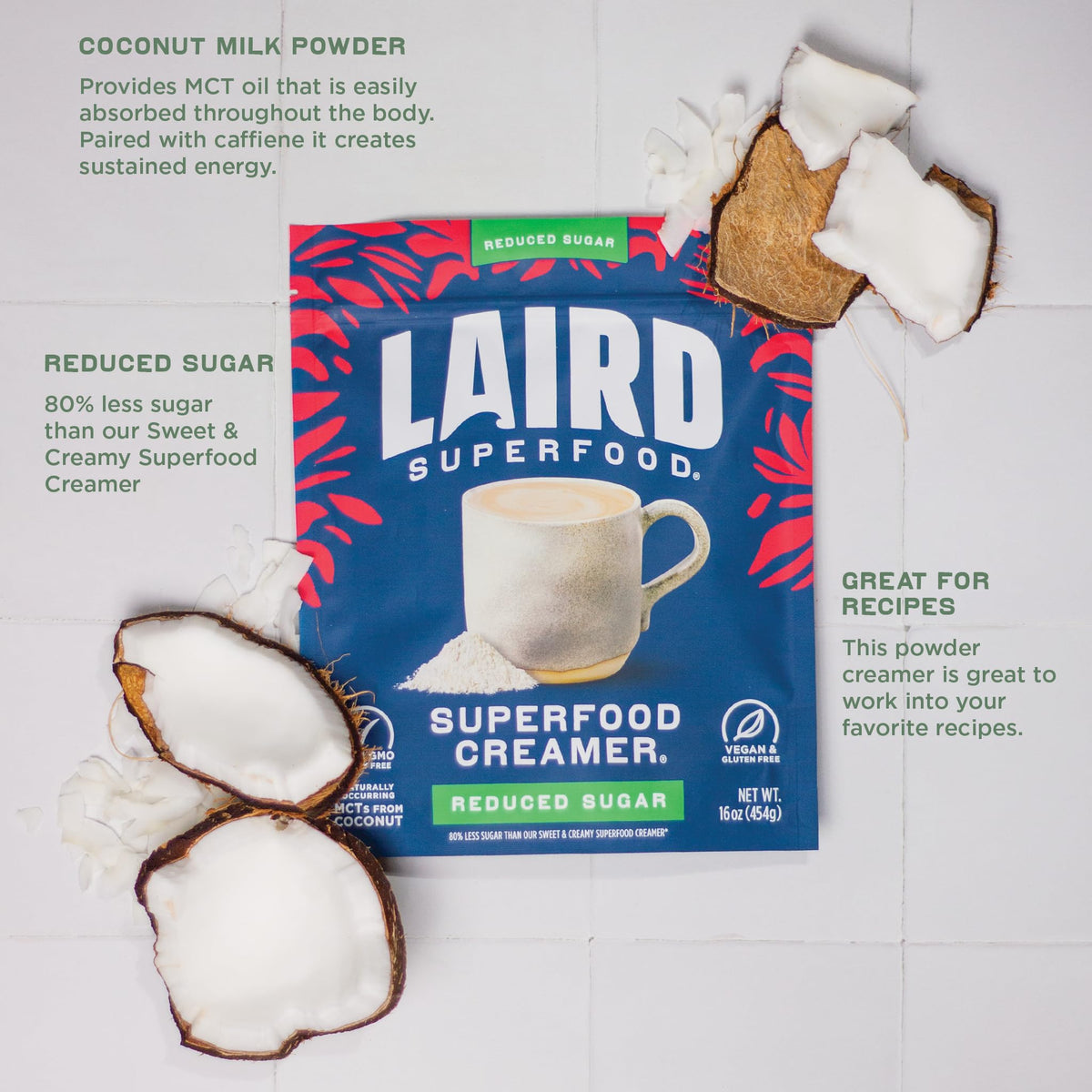 Laird Superfood Non-Dairy Reduced Sugar Powder Coffee Creamer - 16 oz Bag, Vegan, Keto, Gluten Free