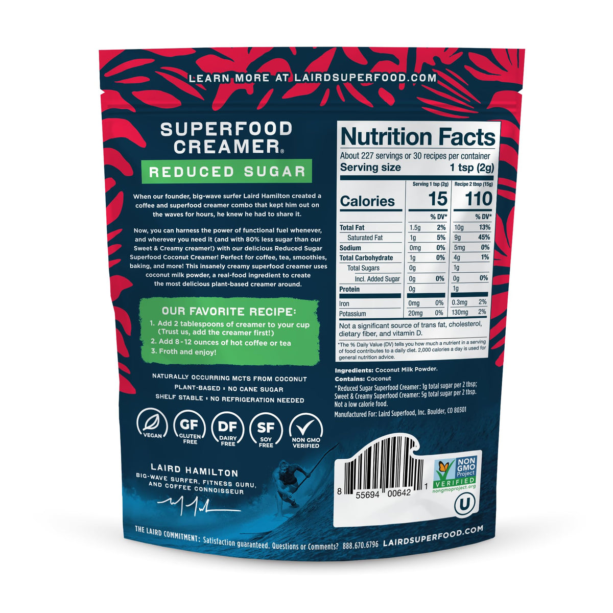 Laird Superfood Non-Dairy Reduced Sugar Powder Coffee Creamer - 16 oz Bag, Vegan, Keto, Gluten Free