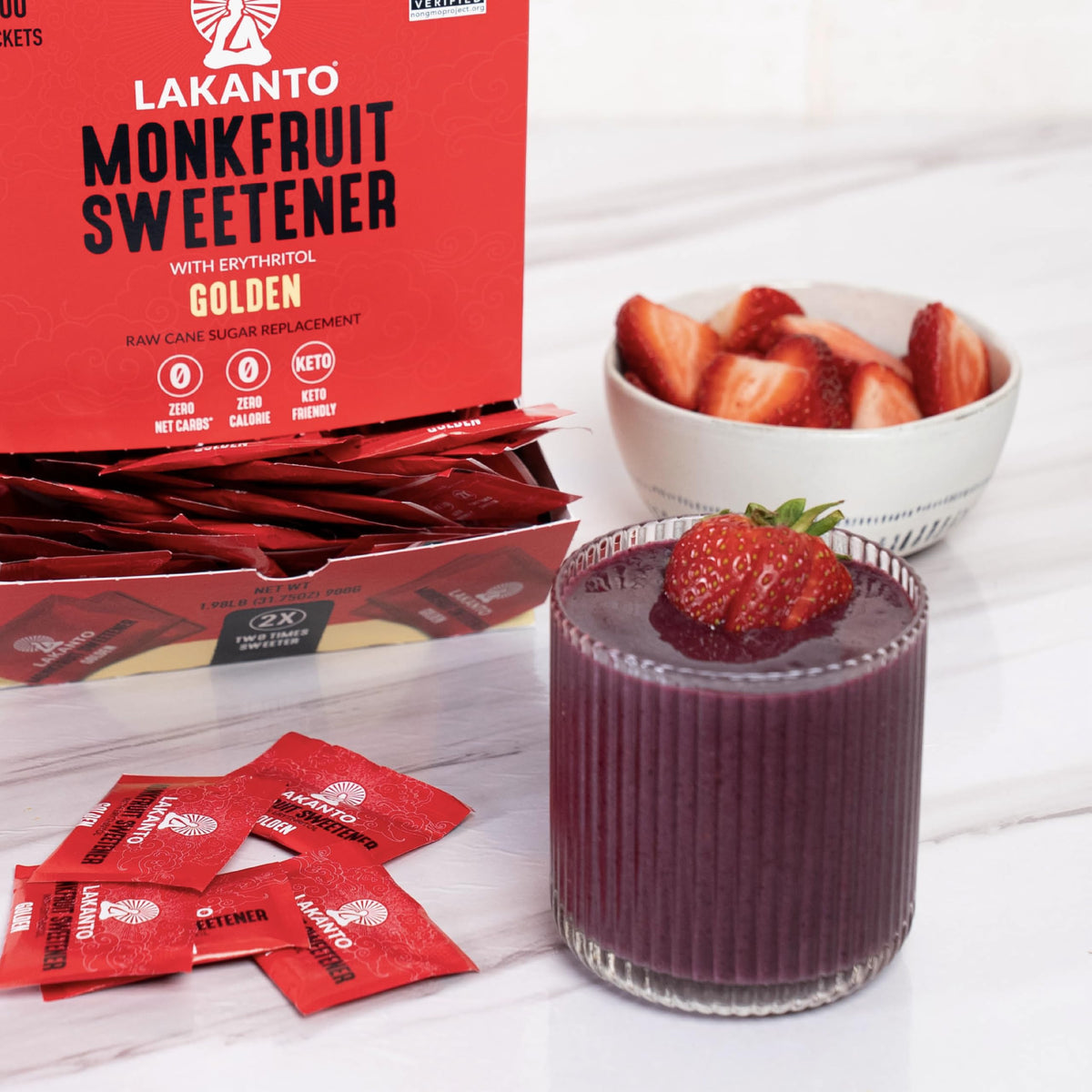 Lakanto Golden Monk Fruit Sweetener Packets with Erythritol — 2x Sweetness, 30 g Sachets, 300 Count