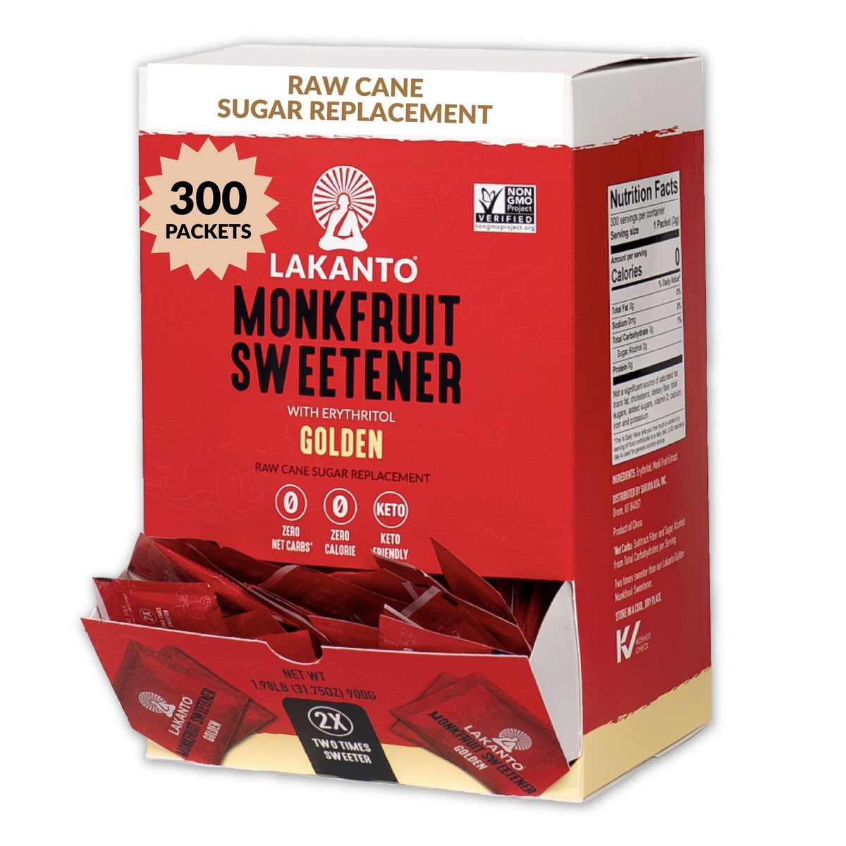 Lakanto Golden Monk Fruit Sweetener Packets with Erythritol — 2x Sweetness, 30 g Sachets, 300 Count