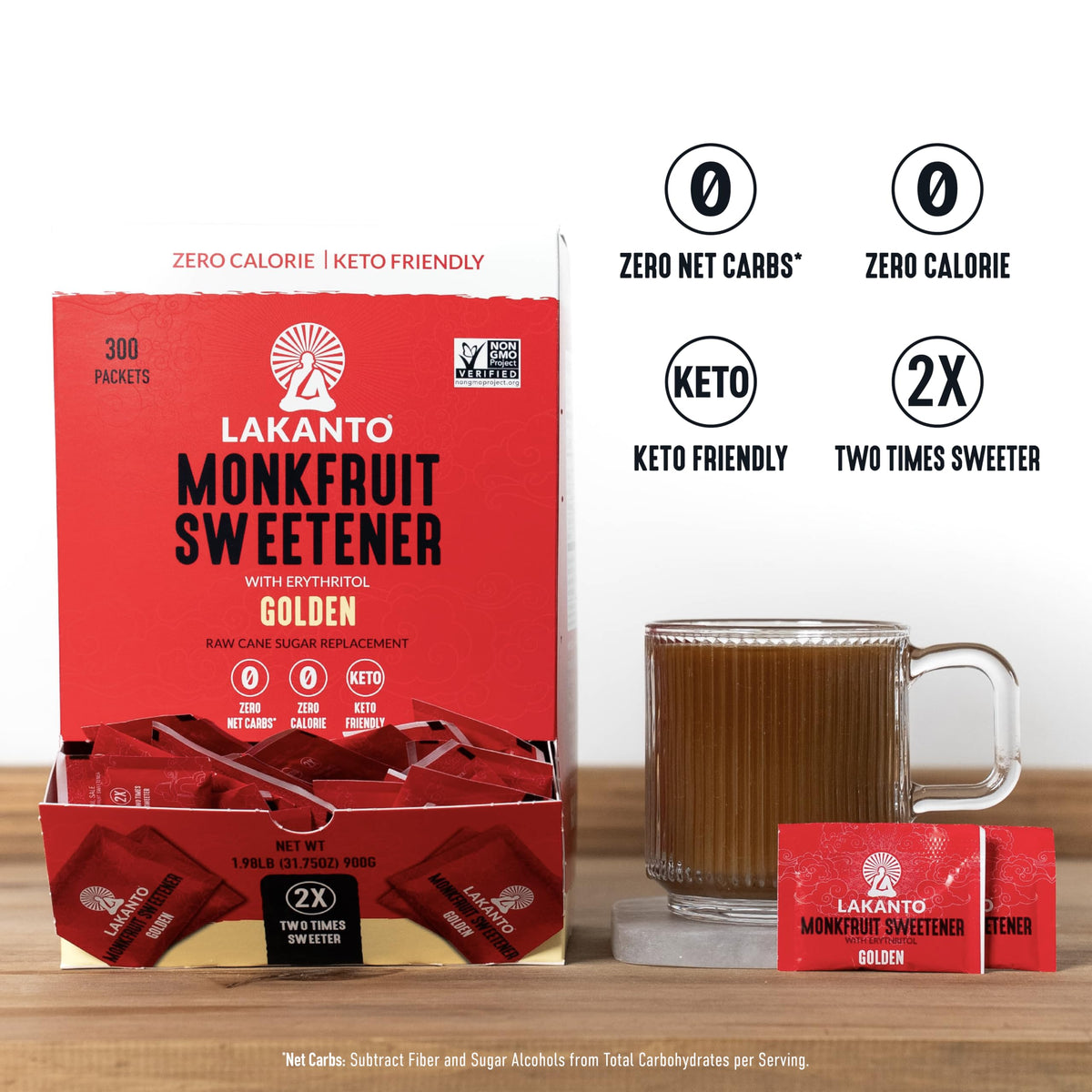 Lakanto Golden Monk Fruit Sweetener Packets with Erythritol — 2x Sweetness, 30 g Sachets, 300 Count