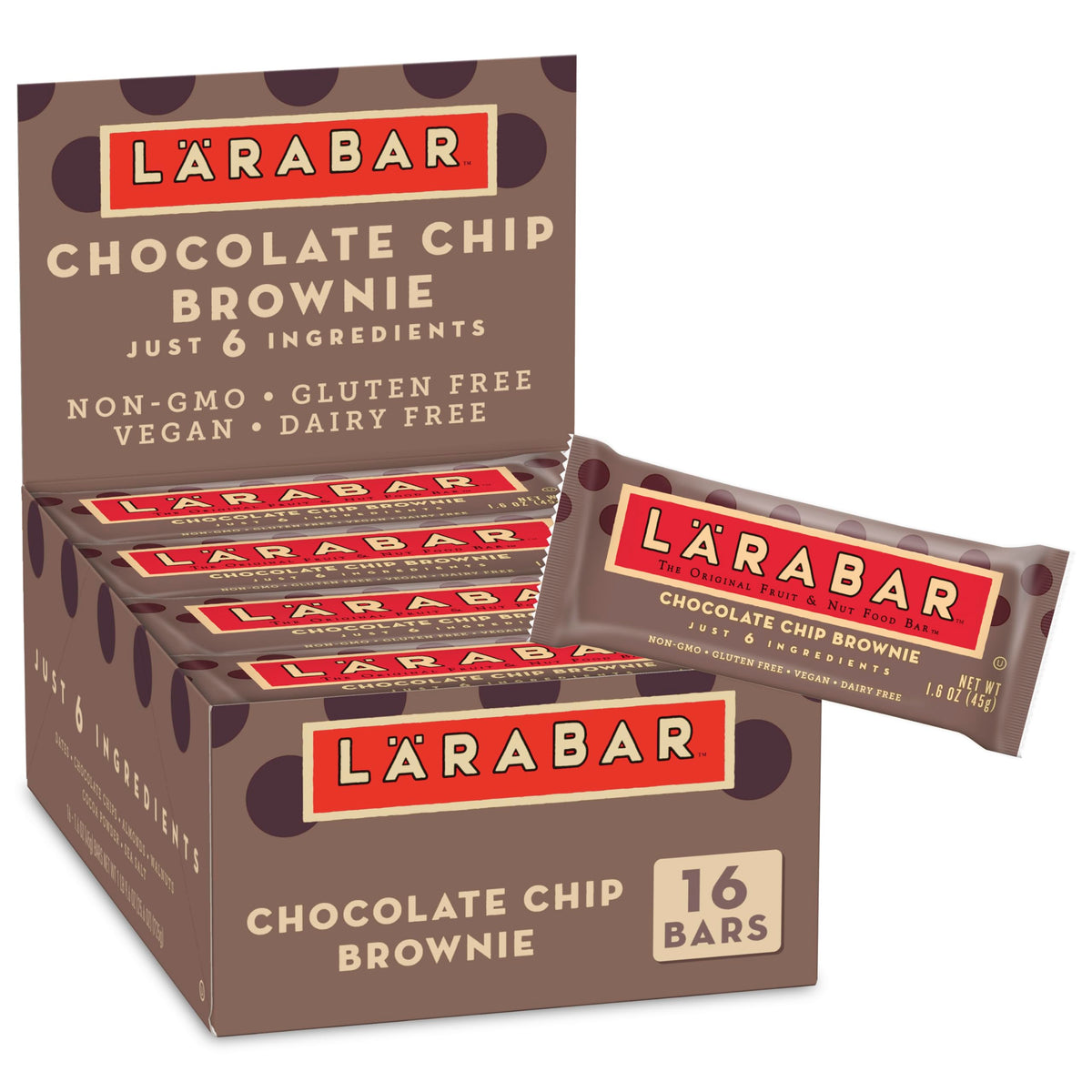 LÄRABAR Chocolate Chip Brownie Fruit and Nut Bars – Gluten Free & Vegan, 16 Count, 25.6 oz