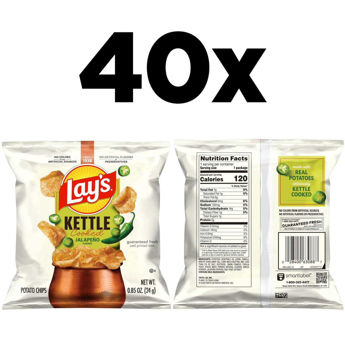 Lay's Kettle Cooked Jalapeño Potato Chips – Pack of 40, 0.85 oz Bags