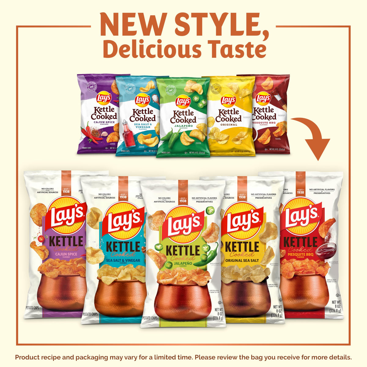 Lay's Kettle Cooked Potato Chips Variety Pack, 0.85 oz Each, Pack of 40