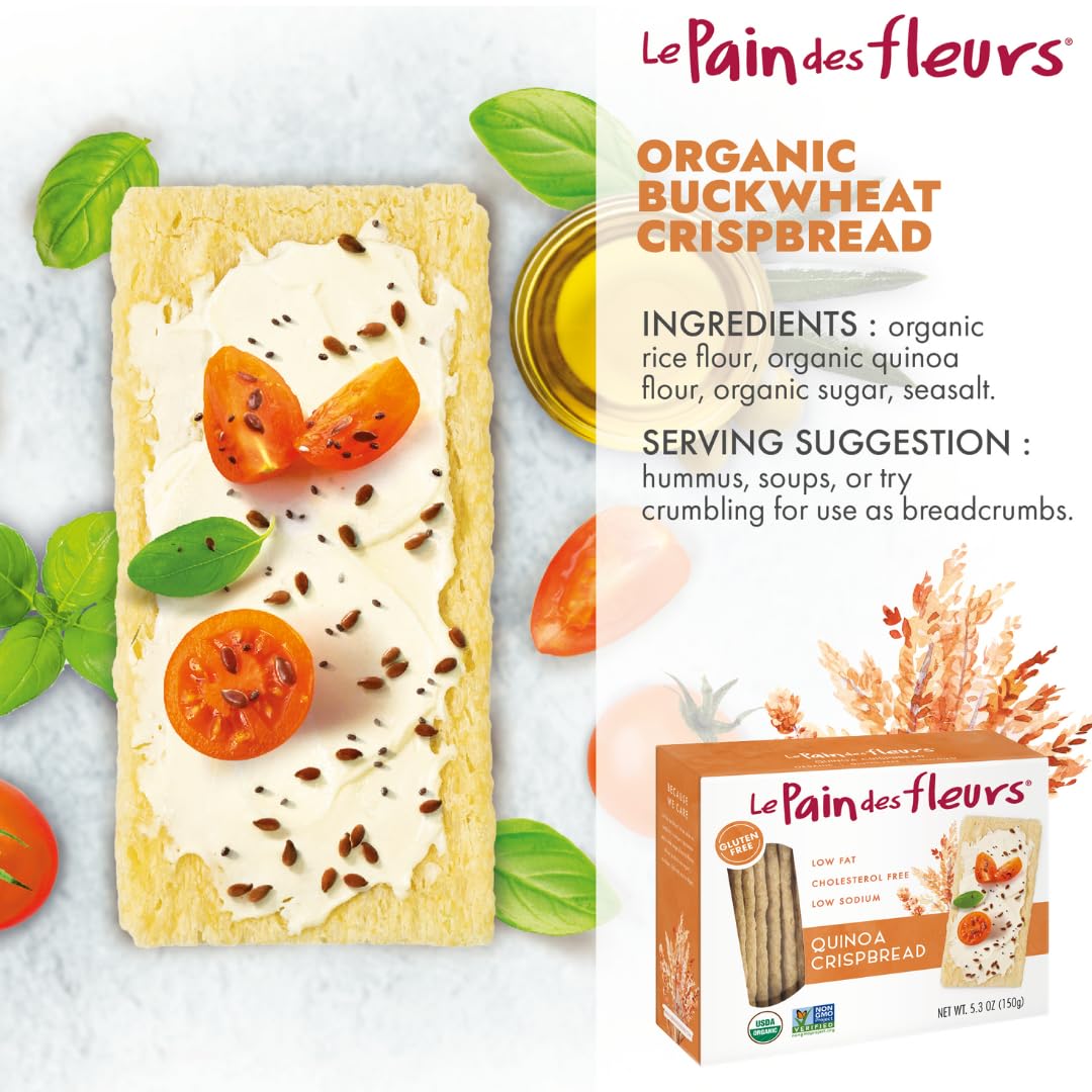 Le Pain des Fleurs Organic Quinoa Crispbread – Gluten Free, Kosher, Vegan, 6 Pack (5.3 oz Each)
