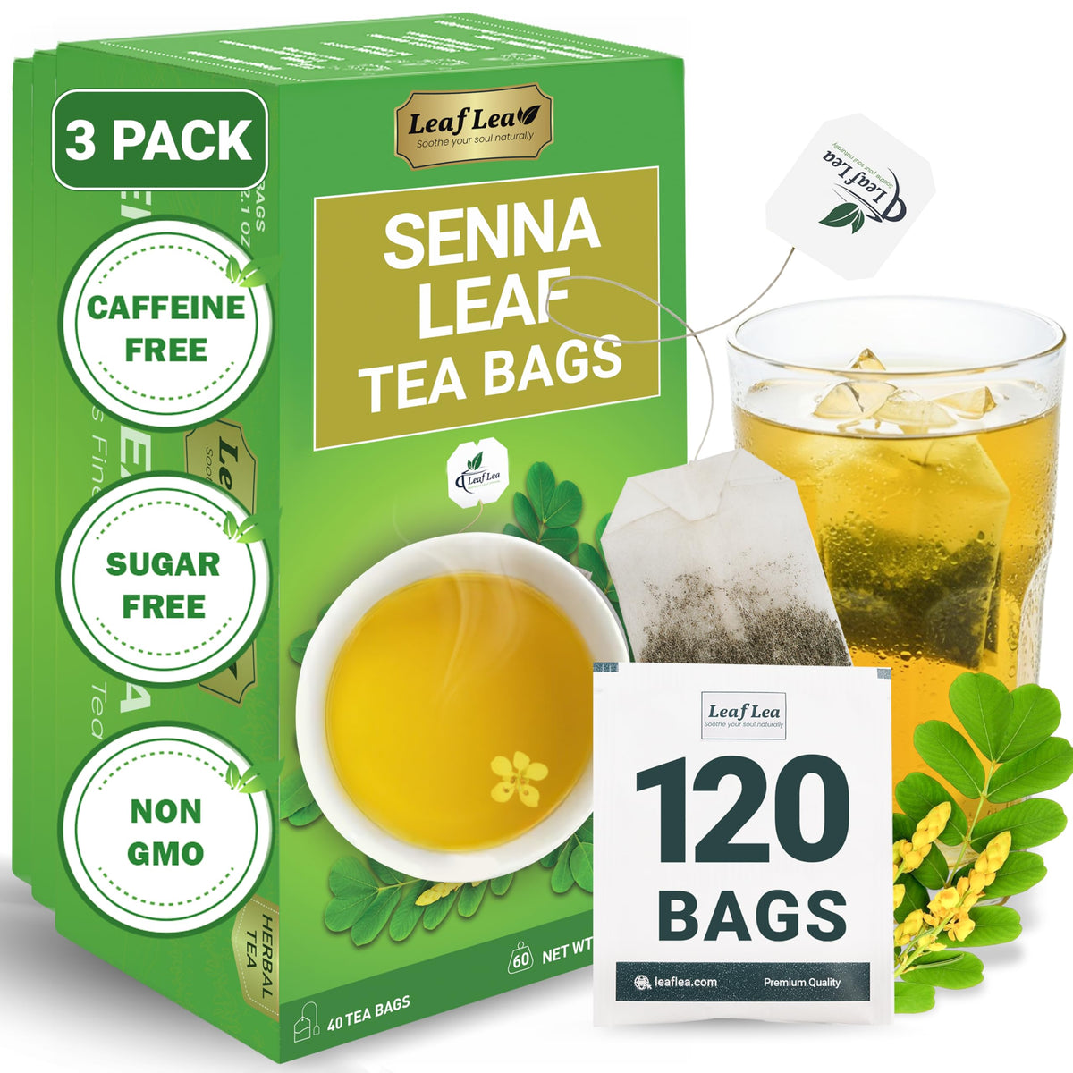 LeafLea 120 Senna Tea Bags – Pure Senna Herbal Tea for Gentle Digestive Support