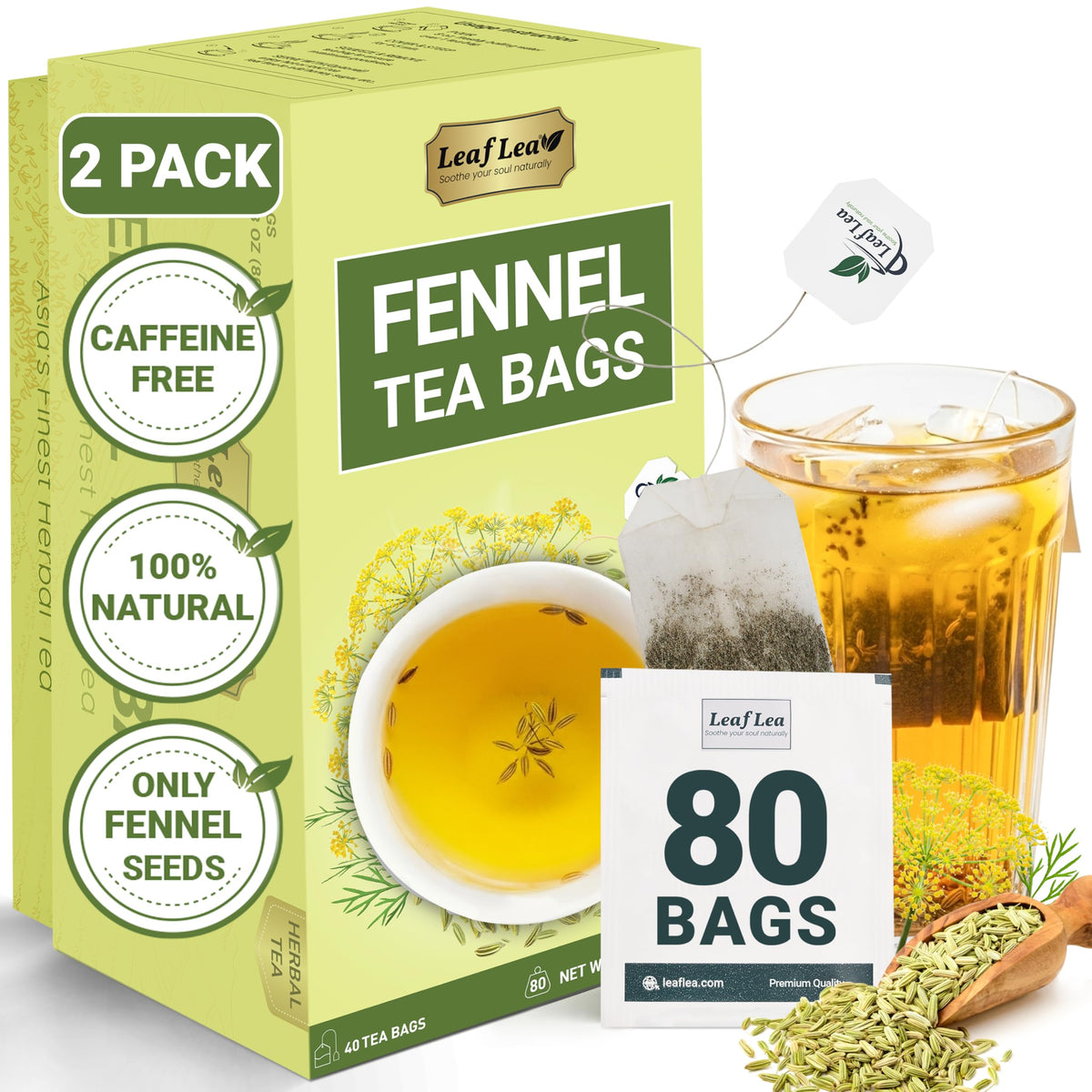 LeafLea 80 Premium Fennel Tea Bags — Pure Dried Fennel Seed Tea for Daily Ease