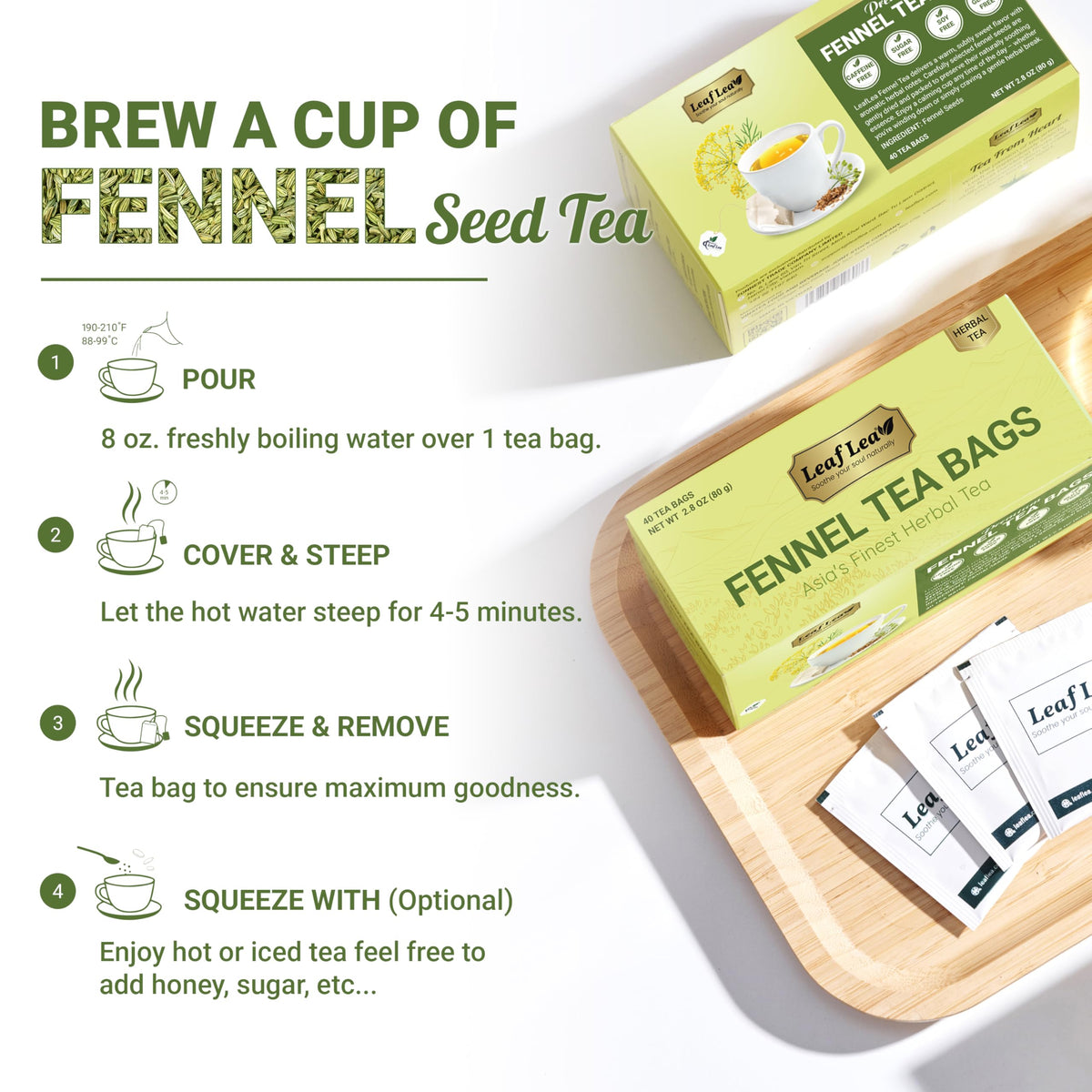 LeafLea 80 Premium Fennel Tea Bags — Pure Dried Fennel Seed Tea for Daily Ease