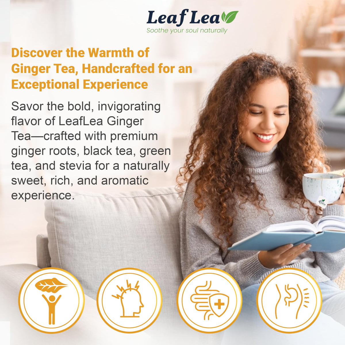 LeafLea Ginger Green Tea – 80 Bags (2 Packs) | Low Caffeine, Gluten-Free