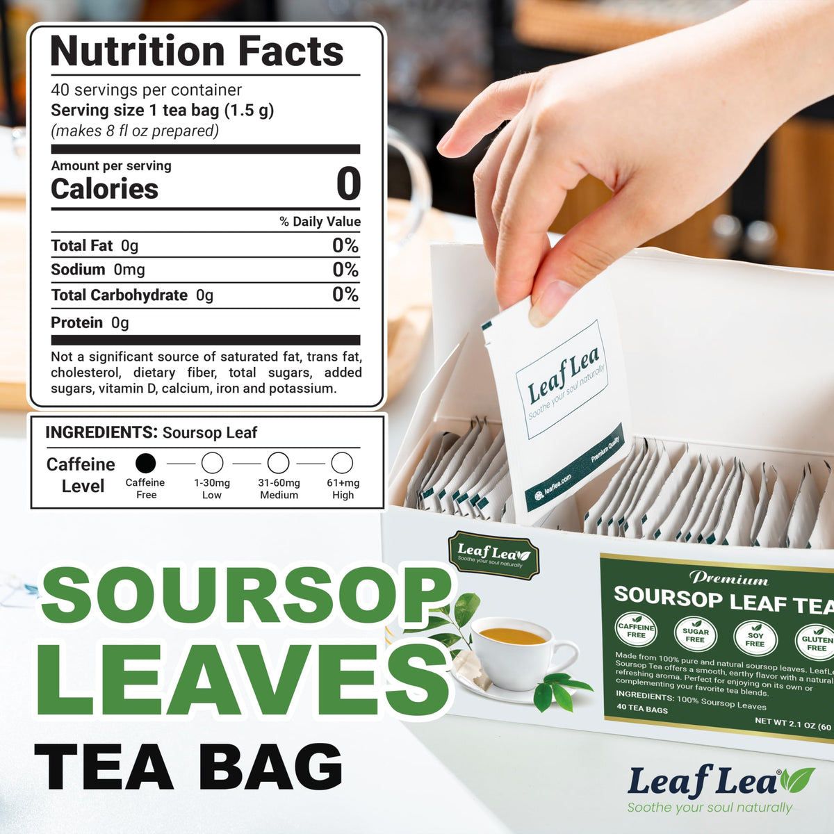 LeafLea 120 Soursop Tea Bags – 100% Pure Graviola Leaves, Caffeine-Free Herbal Tea, Non-GMO, Pack of 3