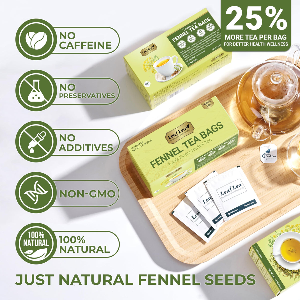 LeafLea 80 Premium Fennel Tea Bags — Pure Dried Fennel Seed Tea for Daily Ease