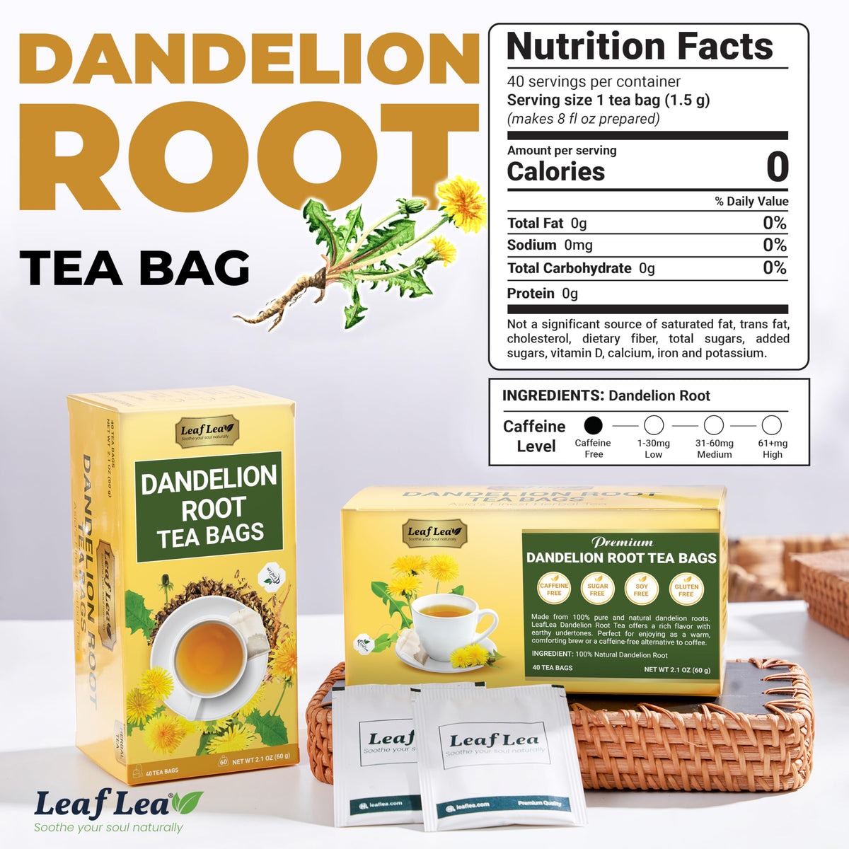 LeafLea Dandelion Root Tea Bags — Caffeine-Free Herbal Tea for Digestive Wellness | Pack of 3