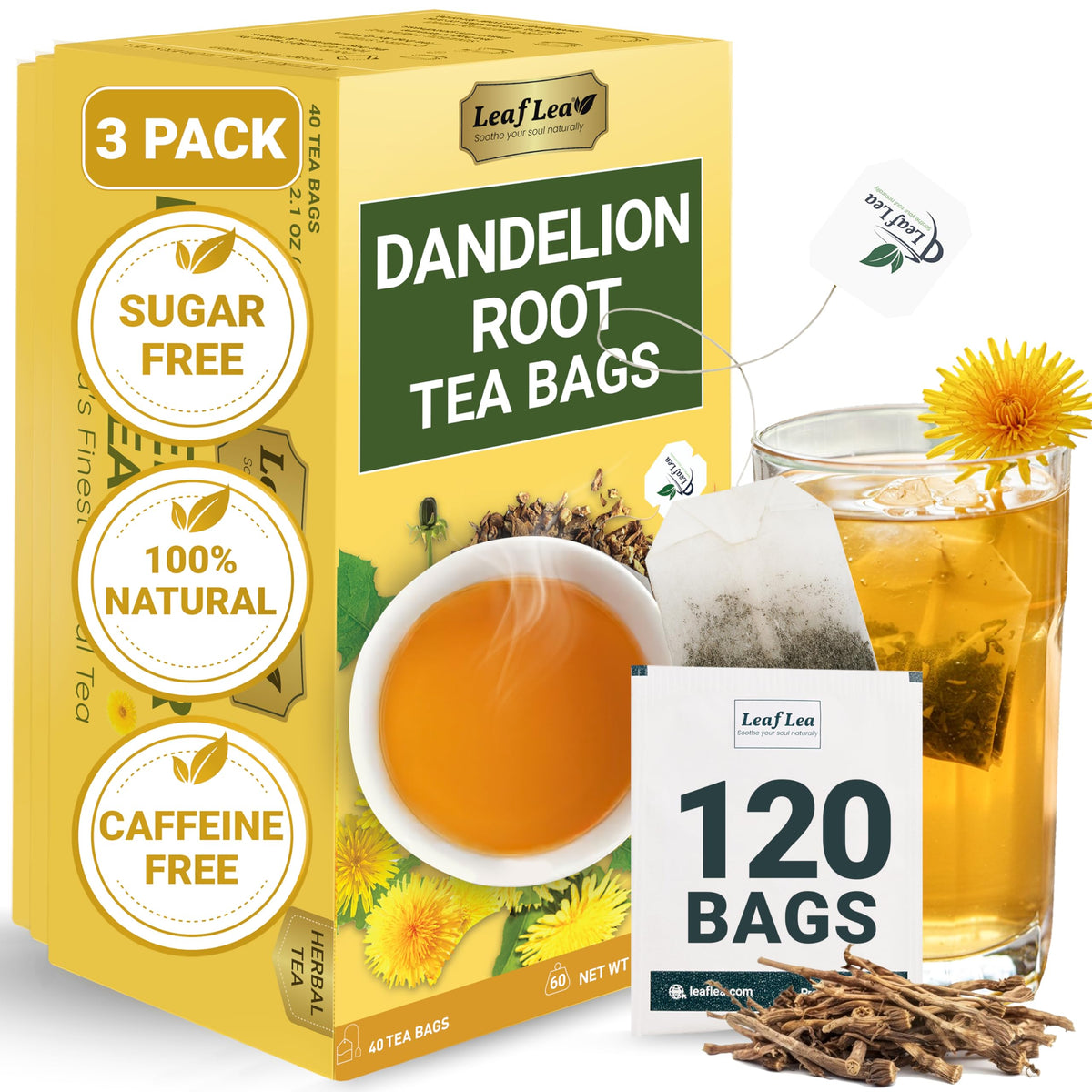 LeafLea Dandelion Root Tea Bags — Caffeine-Free Herbal Tea for Digestive Wellness | Pack of 3