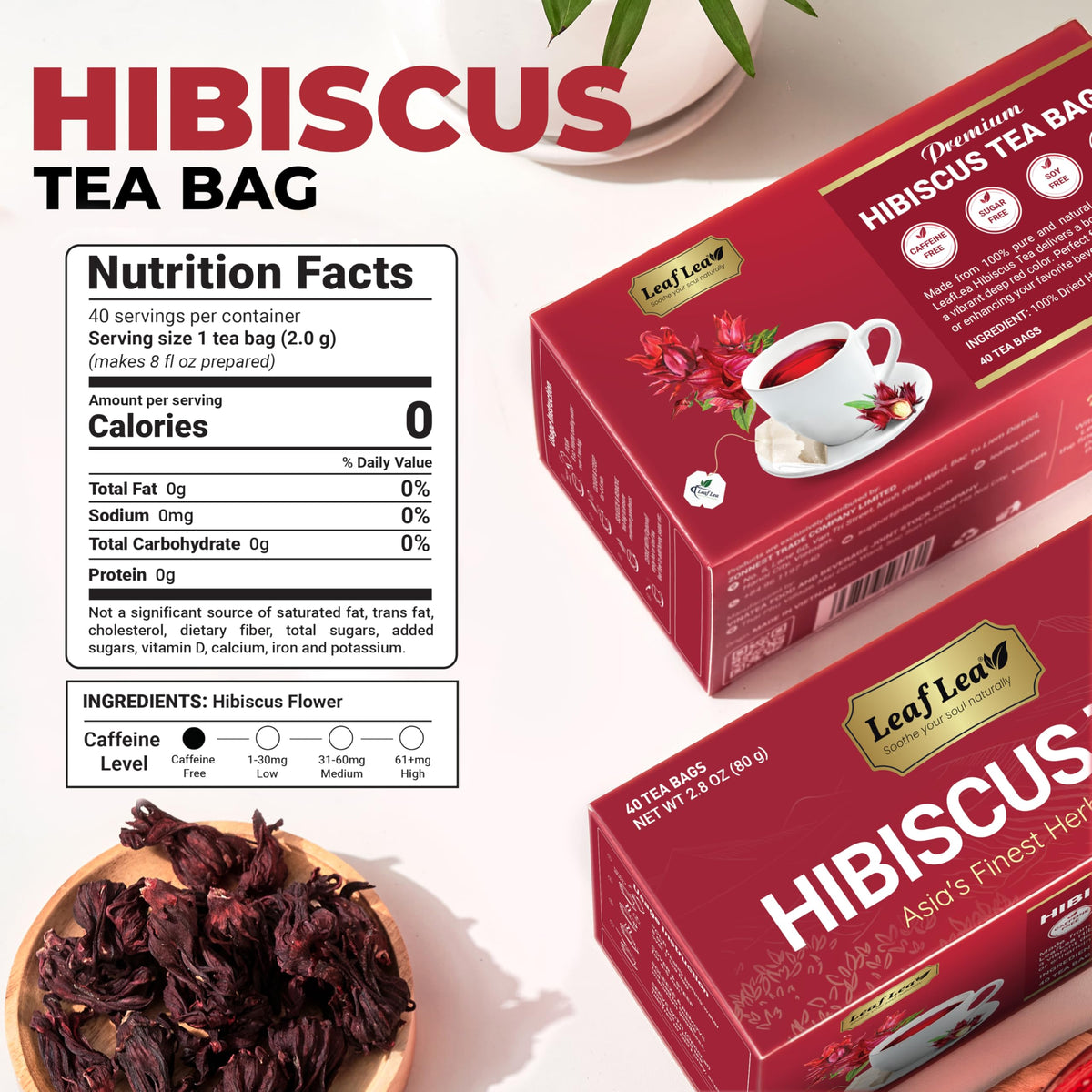 LeafLea 120 Hibiscus Tea Bags - 100% Hibiscus Flowers, Caffeine-Free