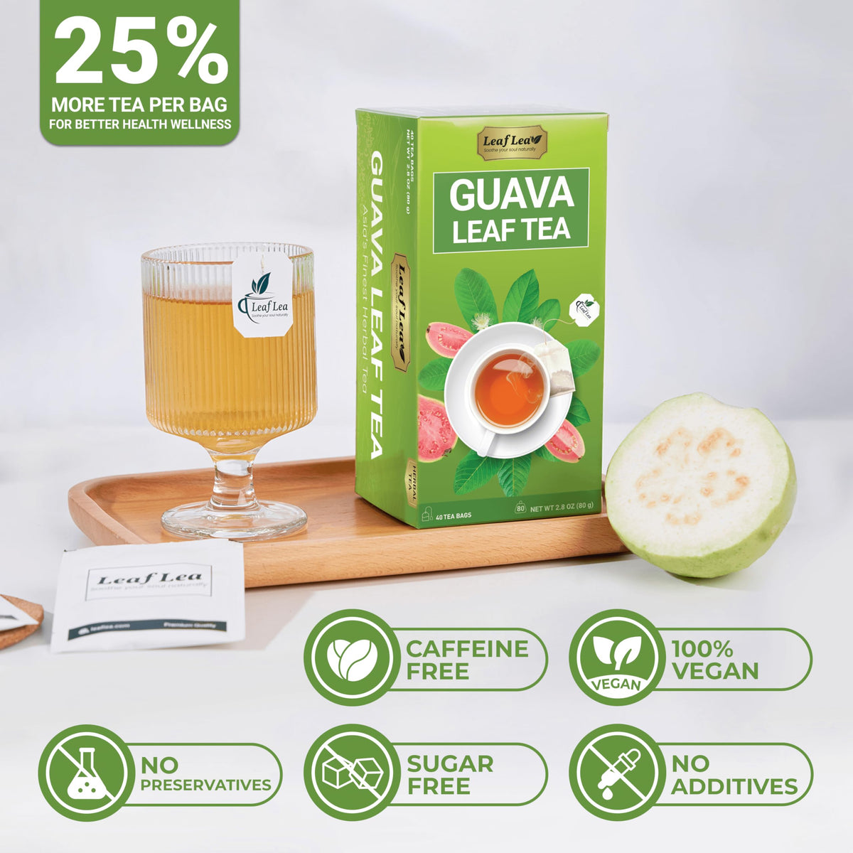 LeafLea Guava Leaf Tea – 80 Fresh-Sealed Tea Bags, Caffeine-Free Digestive Support & Immune Balance