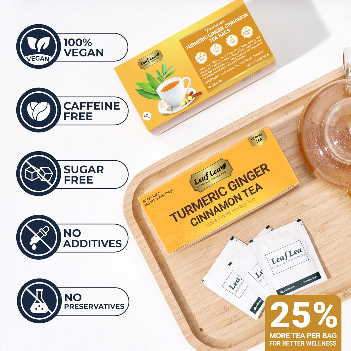 LeafLea Turmeric Ginger Cinnamon Tea – 120 Bags, Natural, Caffeine-Free, No Sugar, Supports Digestion & Immunity
