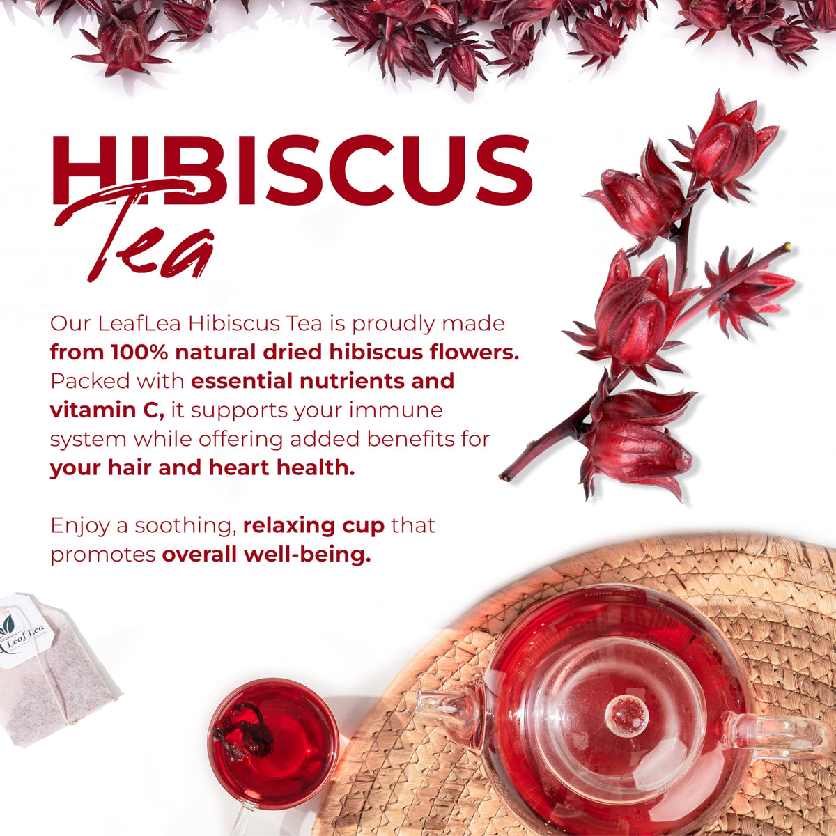 LeafLea 120 Hibiscus Tea Bags - 100% Hibiscus Flowers, Caffeine-Free
