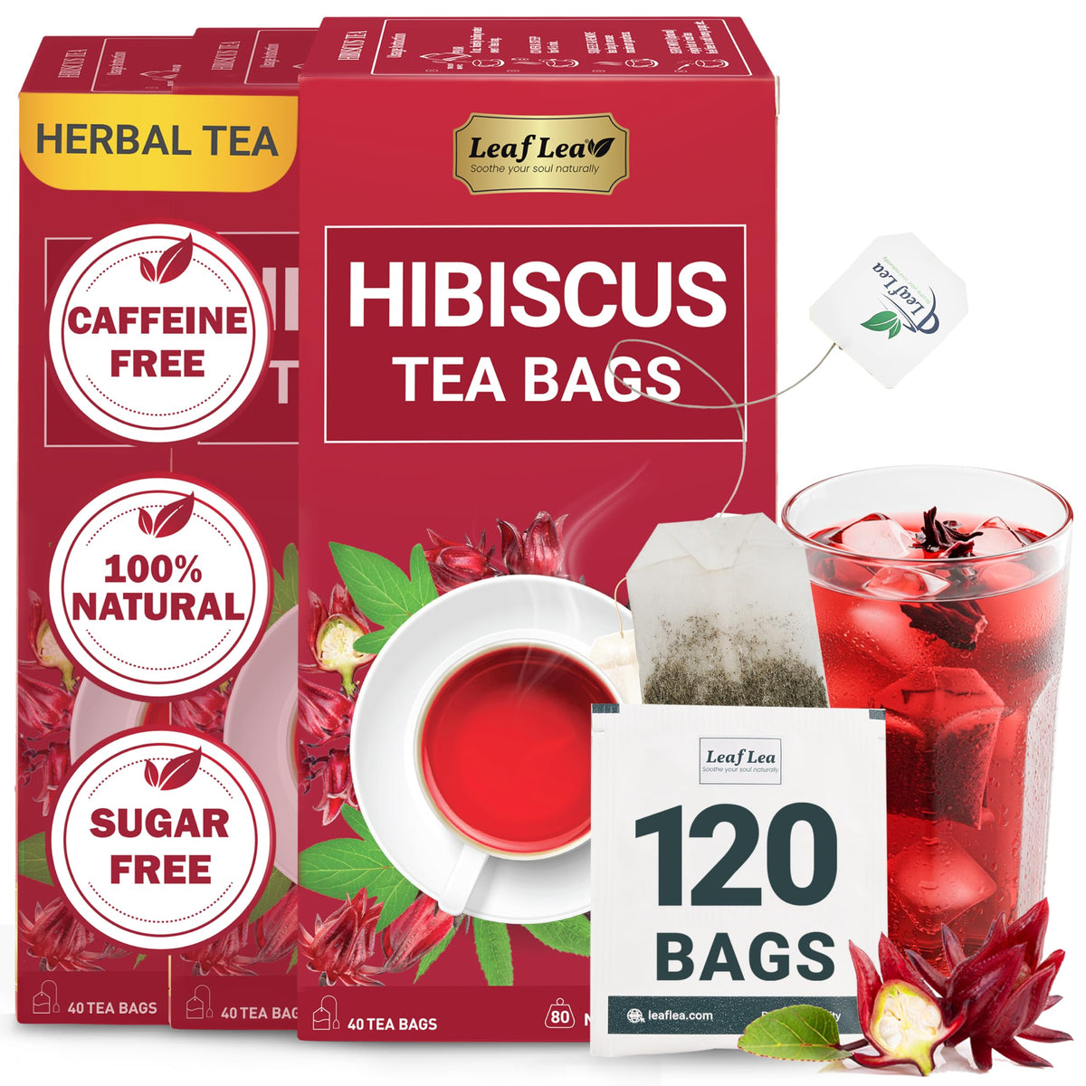 LeafLea 120 Hibiscus Tea Bags - 100% Hibiscus Flowers, Caffeine-Free