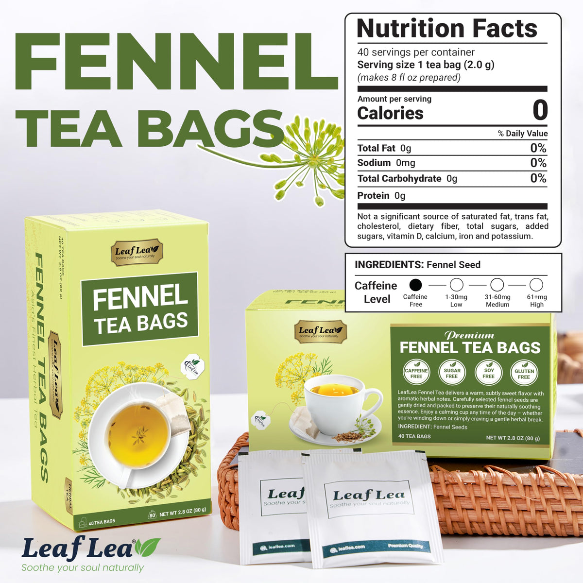 LeafLea 80 Premium Fennel Tea Bags — Pure Dried Fennel Seed Tea for Daily Ease