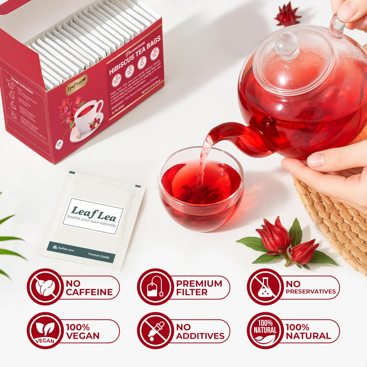 LeafLea 120 Hibiscus Tea Bags - 100% Hibiscus Flowers, Caffeine-Free