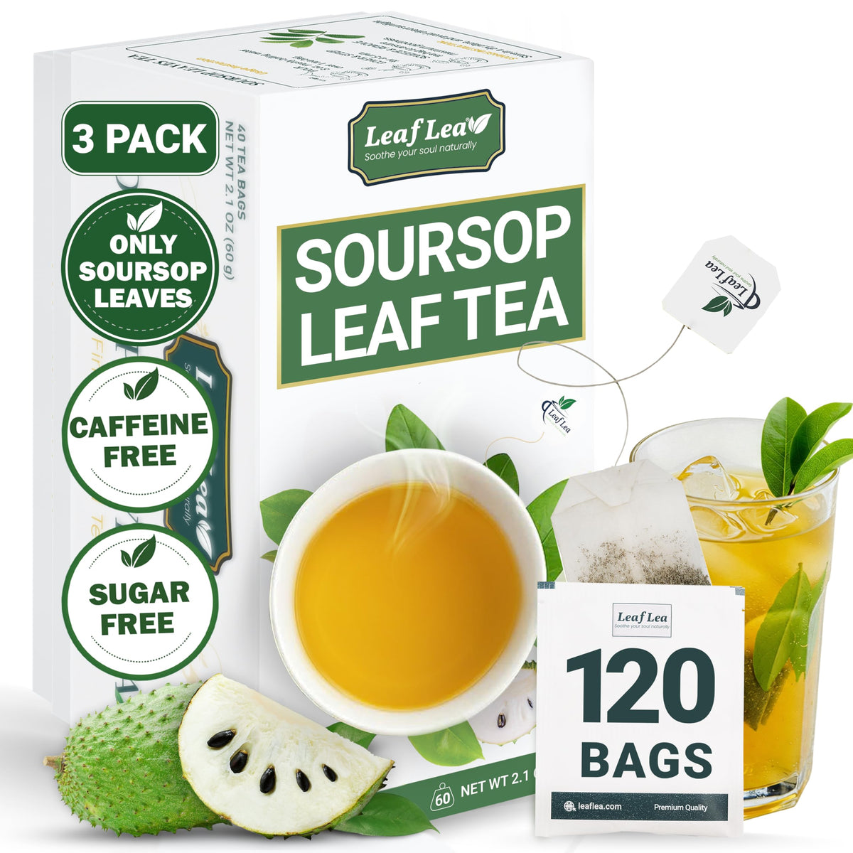 LeafLea 120 Soursop Tea Bags – 100% Pure Graviola Leaves, Caffeine-Free Herbal Tea, Non-GMO, Pack of 3